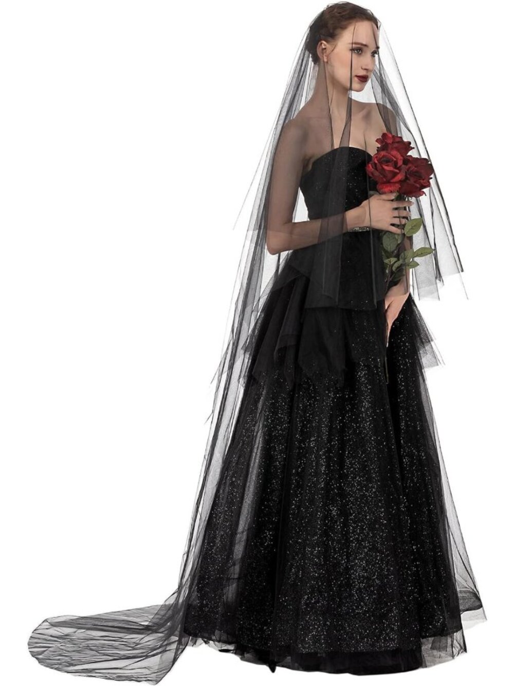 Elegant Black Lace Cathedral Veil | Sheer Tulle Wedding & Halloween Accessory